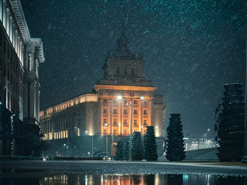 brown concrete building during night time