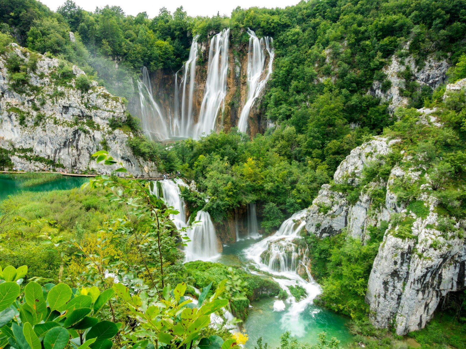 waterfalls in the middle of green trees