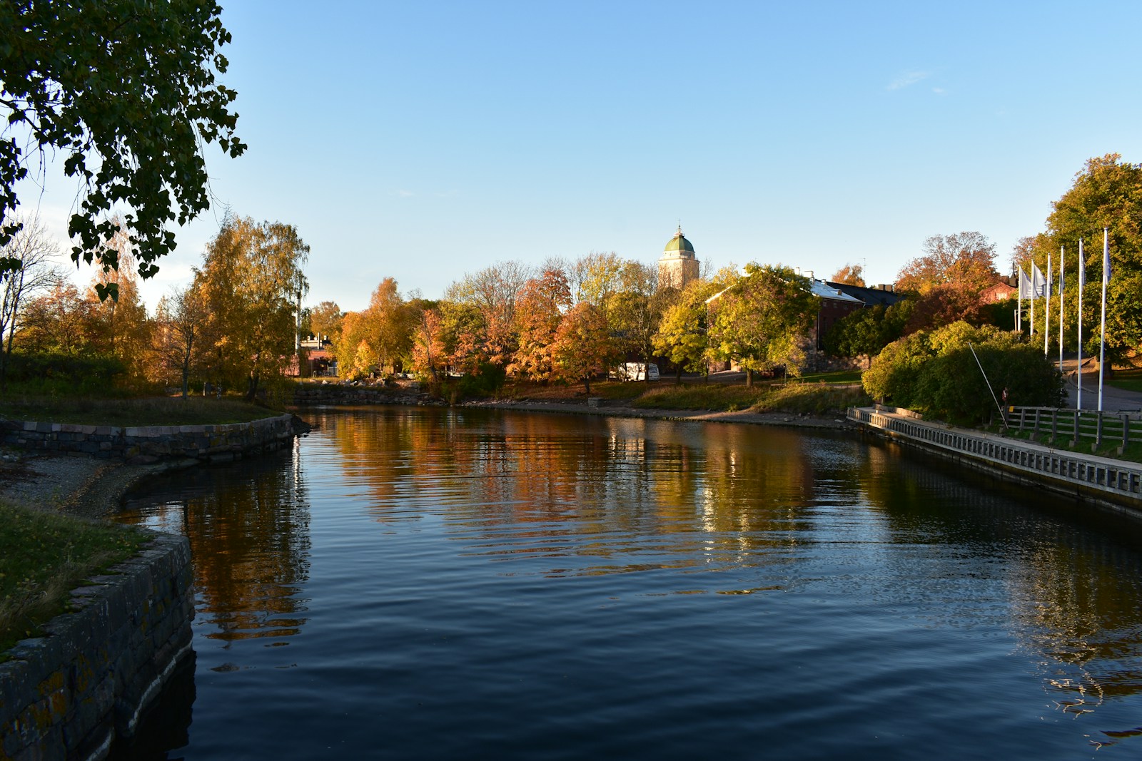 A body of water with trees in the background