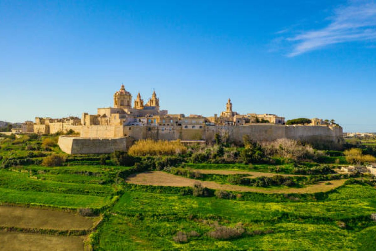 Mdina city - old capital of Malta. Aerial landscape, sunny day, blue sly, winter, a lot of green grass, field. Malta country